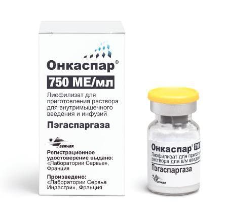 Онкаспар лиоф д/р-ра в/м и инф 750МЕ/мл 3750МЕ фл